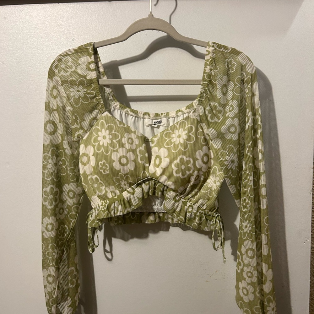 Madden Girl Green Cream Ruched Tie Front Crop Top